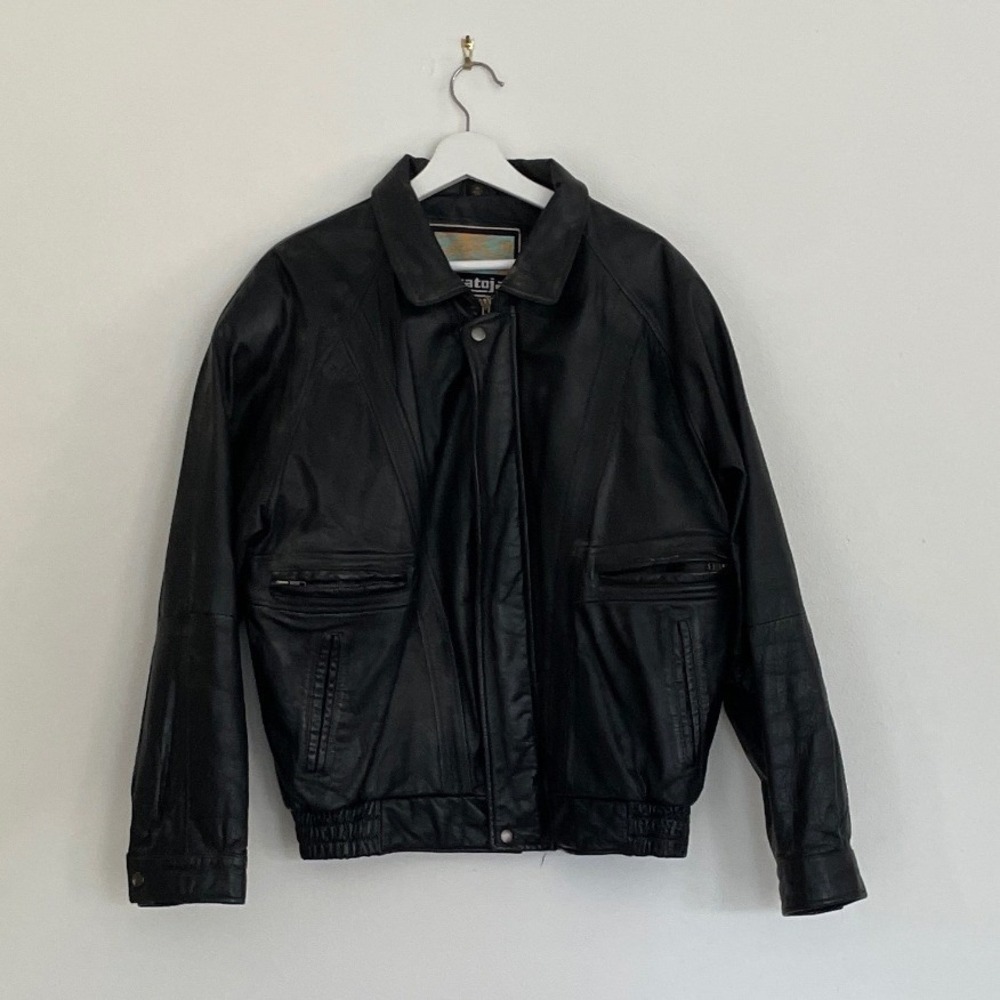 Stratojac Mens Black Leather Bomber Jacket Vintage Aviator Size Medium M